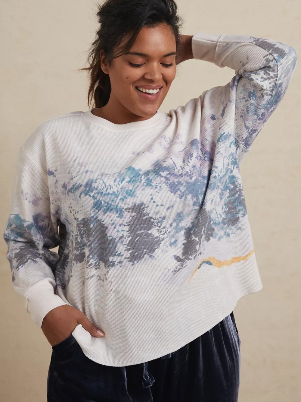 Anthropologie + Pastel Watercolor Print Snow Day Cropped Waffle Top Size 1X